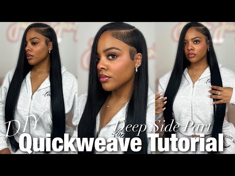 DIY EASY DEEP SIDE PART QUICKWEAVE TUTORIAL🎀🔥+BLENDING LEAVE OUT TIPS | 🤍 ft. ASHIMARY HAIR