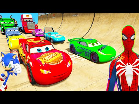 SPIDERMAN McQueen Vs Disney CARS AIRPORT RAMP Challenge ! SUPERHEROES HULK MACK Truck RACE - GTA V