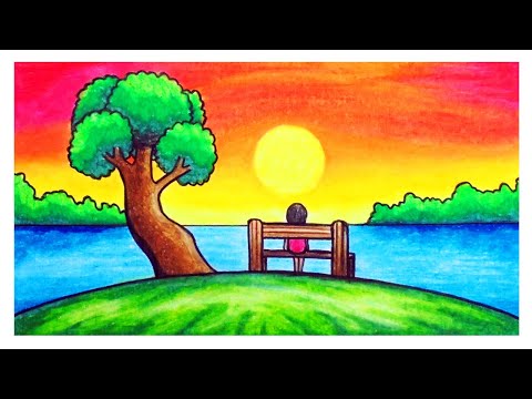 Menggambar Pemandangan | Cara Mudah Menggambar Pemandangan Sunset Yang Indah Dengan Oil Pastel