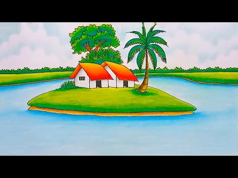 How to draw easy scenery drawing beautiful landscape village scenery| Indian village drawing easy