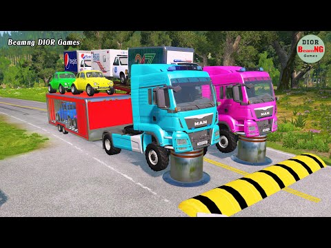 Double Flatbed Trailer Truck vs speed bumps|Busses vs speed bumps|Beamng Drive|1013