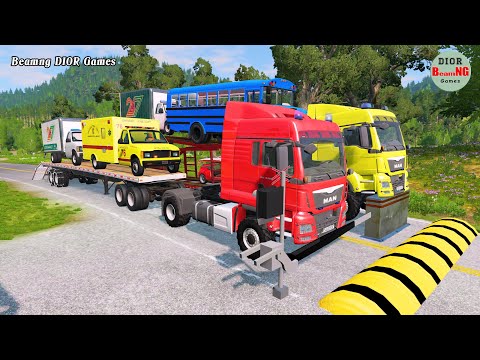 Double Flatbed Trailer Truck vs speed bumps|Busses vs speed bumps|Beamng Drive|1158