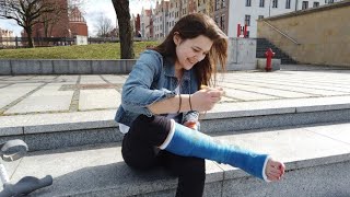 Amelia happy skating girl, broken ankle, walking on crutches