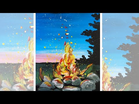 EASY FIRE ACRYLIC PAINTING TUTORIAL FOR BEGINNERS | Night Camping Painting