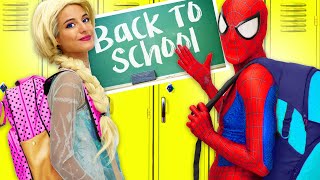 Team Spider-man in real life - Spider man and Frozen Elsa Superheroes School IRL
