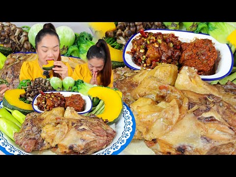 กินข้าวกับน้ำพริก นึ่งโครงไก่สมุนไพร กับผักสดผักต้ม #mukbang #eatshow