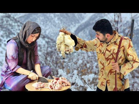 Traditional Rural Feast with Hunted Birds On a snowy day: Village lifestyle of iran