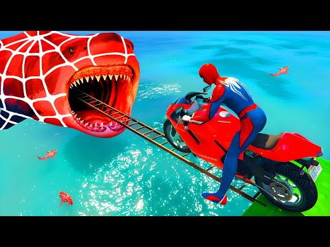 سبايدر مان اصعب دراجة نارية فوق اسماك القرش - Superheroes Ride on Motorcycle Stunt Funny Moments??
