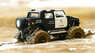 Police monster truck helps fire truck and passenger bus