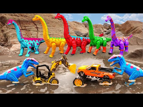 Long-neck Dino digs the ground and finds excavators, trucks, cranes and dinosaurs | Fun Dinozone