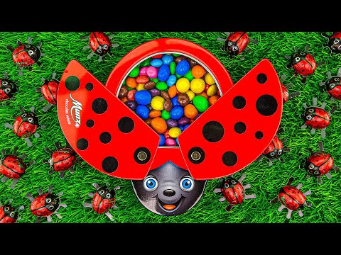 Oddly Satisfying Video | Mixing Candy & Glitter Slime in Magic Color LadyBug Box Cutting ASMR