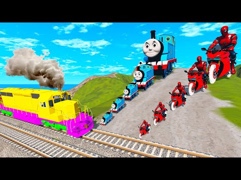 Big & Small: Spiderman with Saw Wheels on a Motorcycle vs Thomas the Tank Engine Train vs Trains