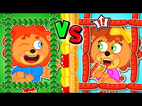Lion Family | Oh No! Muscle Guy is Locked - Healthy Food vs Junk Food | Cartoon for Kids