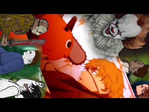 compilation of the chainsaw man, Black Denji, Pennywise, Jason, Jeff, Leatherface, Michael, Pochita.