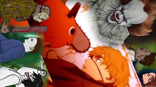 compilation of the chainsaw man, Black Denji, Pennywise, Jason, Jeff, Leatherface, Michael, Pochita.