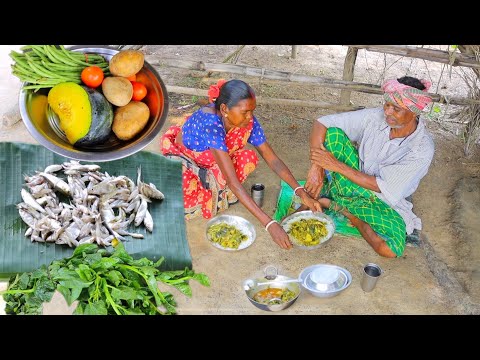 small fish curry with vegetables and pui shak cooking & eating by our santali tribe old couple