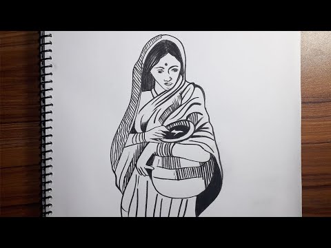 HOW TO DRAW A GIRL WITH PITCHER/FIGURE DRAWING OF VILLAGE WOMEN/EASILY PENCIL SKETCHING FIGURE DRAW.