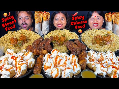 EATING spicy STREET FOOD vs CHINESE FOOD Challenge CHOW MEIN, MANCHURIAN, EGG ROLL, DAHIPURI Mukbang