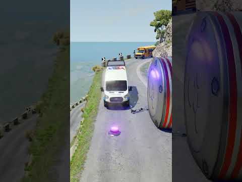 Cars & School Bus vs Giant Pit Bollards Crash - BeamNG.Drive