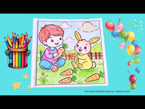 Little Boy & Bunny's Carrot Picnic  | Kids drawing and coloring page| Coloring Fun for Kids