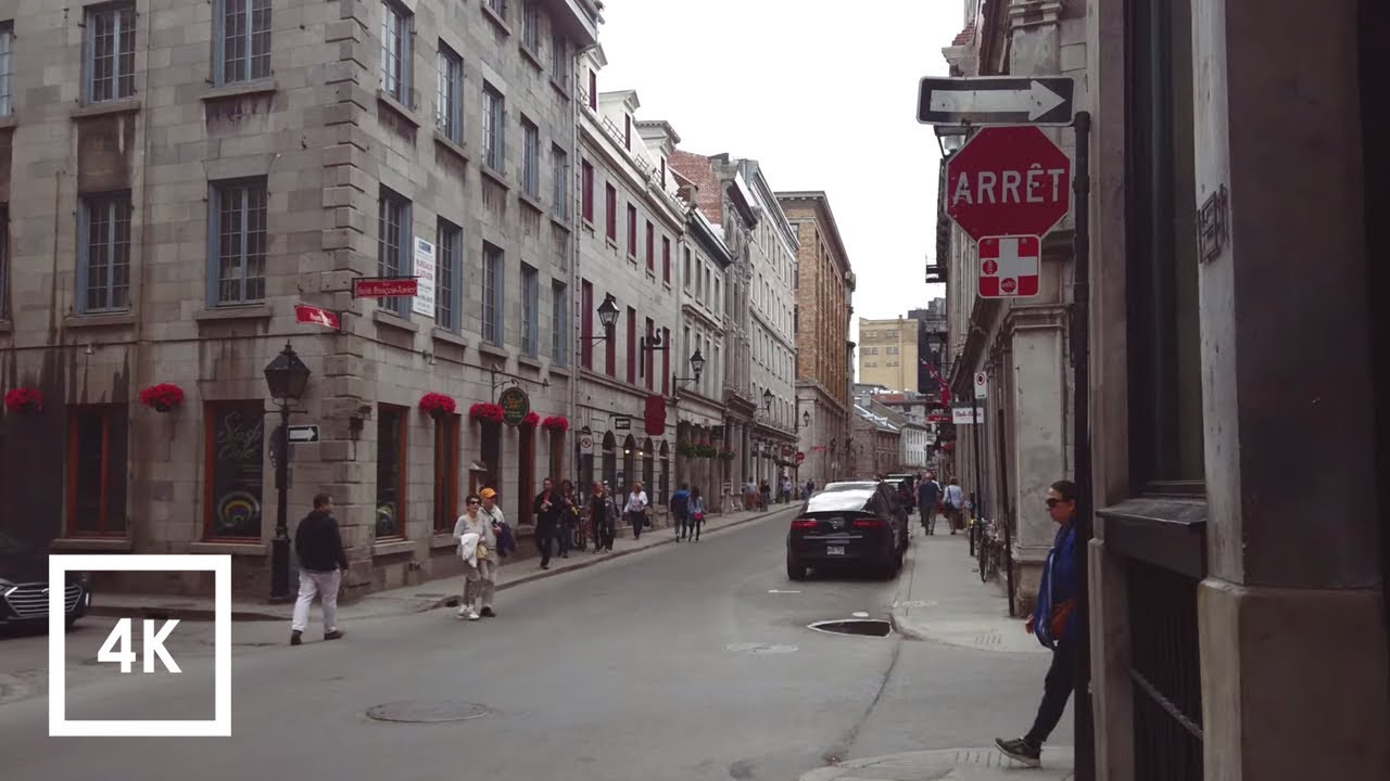 Walking Tour Old Montreal, Binaural City Ambience Sounds 4k