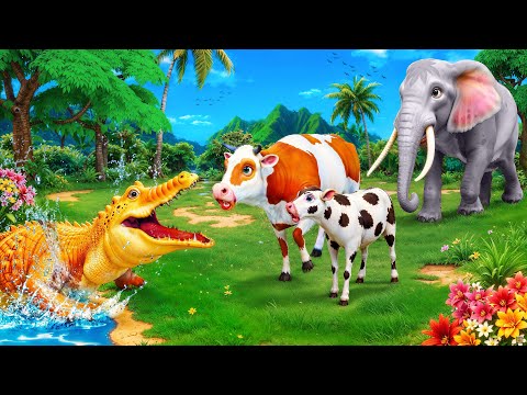 Wild Crocodile Attacks Cow Family! Brave Elephant to the Rescue