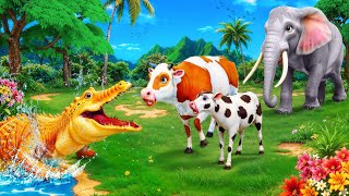 Wild Crocodile Attacks Cow Family! Brave Elephant to the Rescue