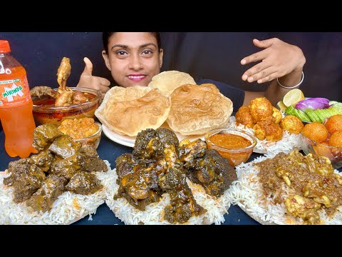 Mutton Kala Bhuna Mutton Fat Curry Mutton Kaleji Curry Basmati Rice Puri Chicken Curry Egg Eating 