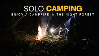 FOREST TENT SOLO CAMPING, BUSHCRAFT, CAMPFIRE MAKING, COOKING - ASMR