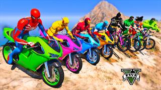 SPIDERMAN vs SUPERHEROES ARMY MOTORCYCLES & SPORTS BIKES RACING CHALLENGE on WATER MEGA RAMP - GTA 5