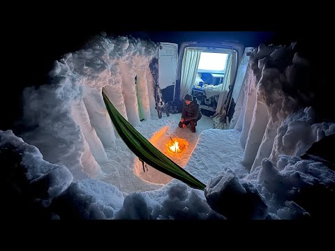 Luxury Van Camping in Deep Snow | (10ft/3m) Winter Snow Fort Build