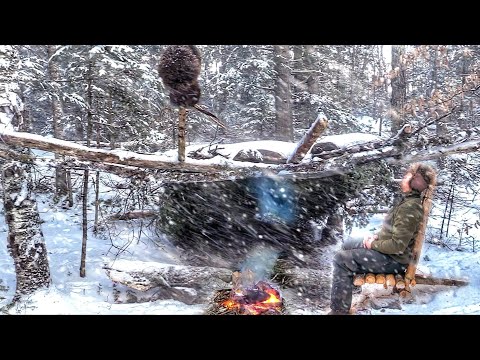 Bushcraft WINTER Trip in SNOW | Build Camping Chair | Camp Cooking on Rock at Survival Shelter ASMR