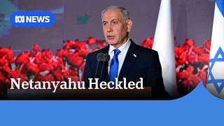 YouTube video thumbnail: Netanyahu Heckled During October 7 Speech Ahead of Israeli Election