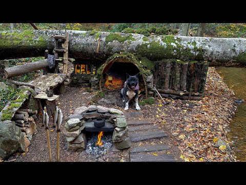 30 Days SOLO SURVIVAL CAMPING In RAIN; Catch and Cook, FISHING. BUSHCRAFT Shelters UNDER FALLEN TREE