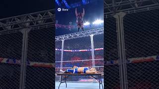 From the top of the cage — straight through the table!#wwe #wrestling #crazy #fight #fail