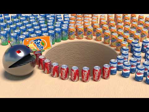 Experiment: Robot Pacman, Giant Coca-Cola, Mtn Dew, Sprite, Fanta and Mentos in Circle Hole