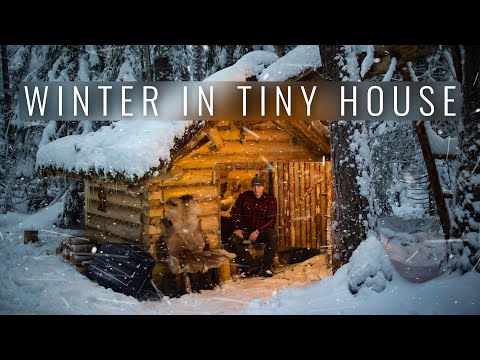 Winter Overnight in a Bushcraft Log Cabin - Off Grid - Blizzard