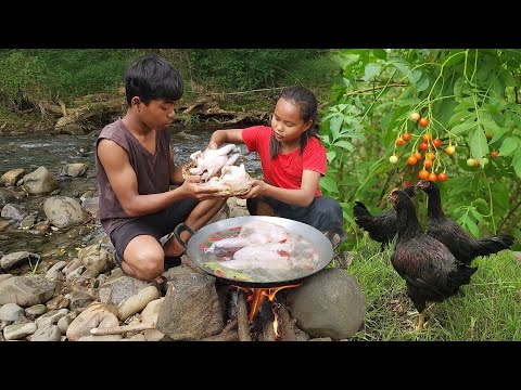 Found and Catch Two chicken in forest, Chicken soup hot chili tasty, So eating delicious