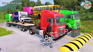Double Flatbed Trailer Truck vs speed bumps|Busses vs speed bumps|Beamng Drive|1178