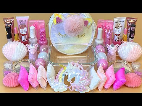 White UNICORN SLIME. Mixing makeup and glitter into Clear Slime. Satisfying Slime Videos 1080p.