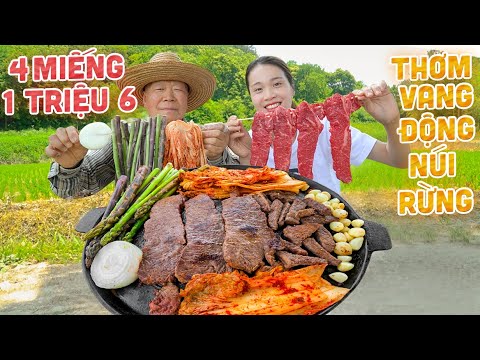 |754| RA RUỘNG NƯỚNG 4 MIẾNG THỊT THĂN BÒ VỚI KIM CHI,MĂNG TÂY,TỎI ĂN GIỮA TRỜI GIÓ THỔI HÙ HỤ.