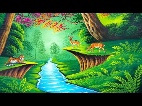 Painting of deep rain forest with deers | painting 547