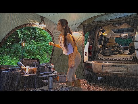 Solo car camping in the pouring rain in the foggy forest - sounds of nature ASMR