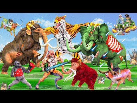 5 Mammoth Elephant vs 5 Zombie Elephant Bull vs Giant Tiger Wolf Attack Cow Buffalo Gorilla Animal