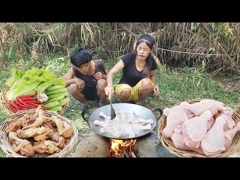 Survival skills: Chicken thigh salad cooking So delicious food, Eating delicious in forest