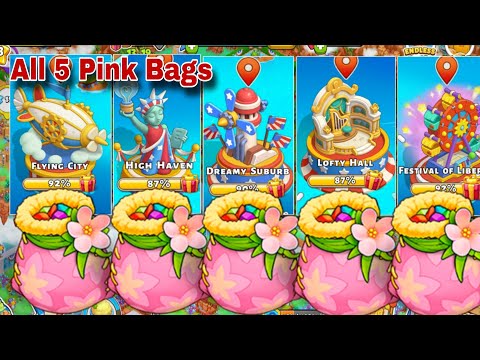 5 Pink Bags Flying City, High Haven, Dreamy Suburb, Lofty Hall, Festival Of Liberty, Family Island