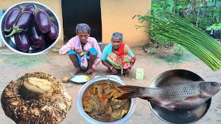 80 years old grandma cooking BLACK FISH with OLL and eating || tribe lifestyle of old people 