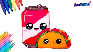 Cómo dibujar  un TACO Y REFRESCO KAWAII - dibujos fáciles Paso a paso