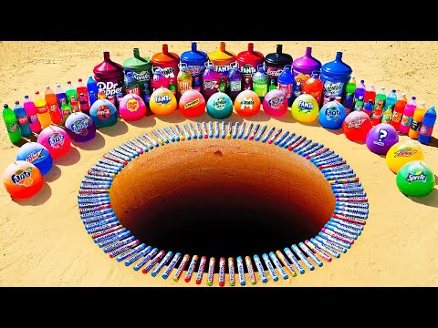 EXPERIMENT: Giant Underground Hole vs Big Balloons Fanta, Pepsi, Giant Coca Cola, Mtn Dew vs Mentos