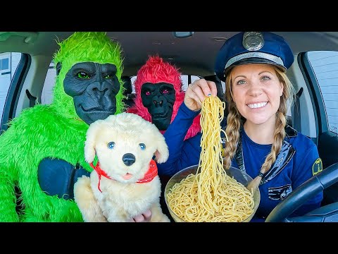 Funny Gorilla STEALS Puppy from Police and Gorilla in Car Ride Chase!